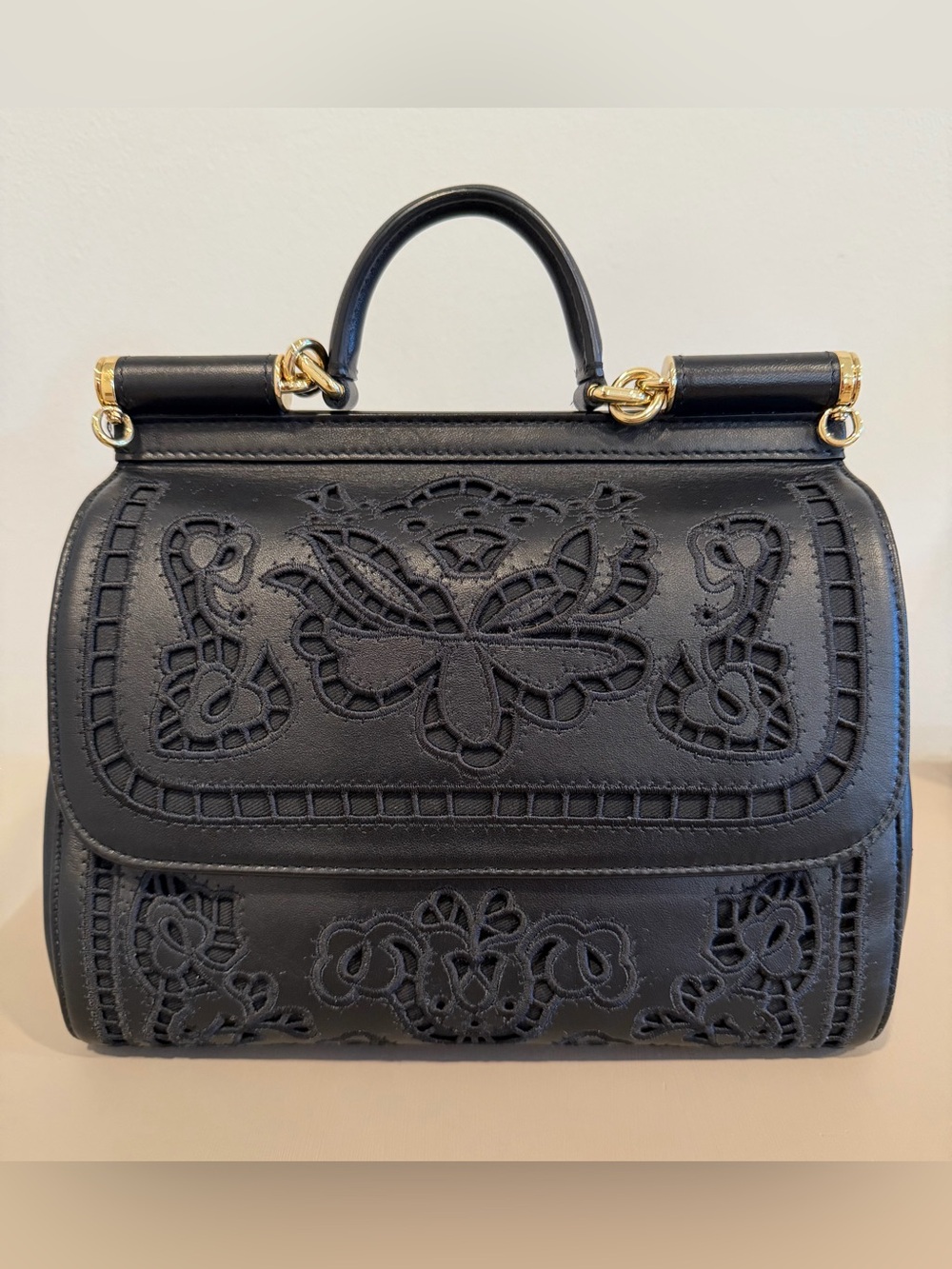 Dolce & Gabbana Miss Sicily Floral Laser Cut Bag Black Top Handle with Crossbody